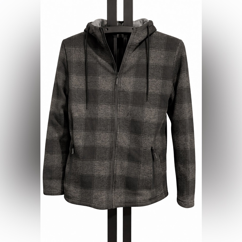 Men's Plaid Zip-Up Hoodie Jacket in Charcoal Gray